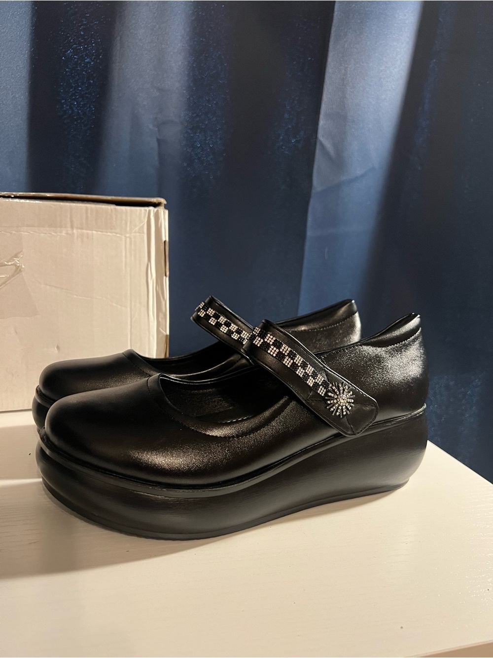 Black Platform Mary Jane Wedges with Rhinestone Strap – Brand New